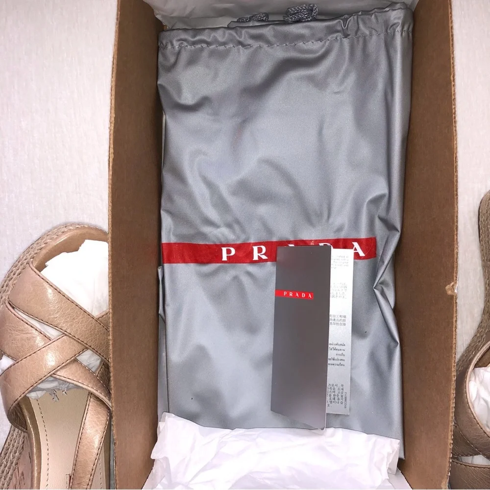 NWT Prada Tan Platform Cork Wedge Sandals New Size 38